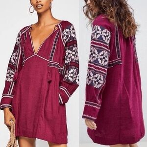 Free People Dress All My Life Mini Dress Sz M Boho Embroidered V-Neck Festival